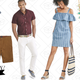 Slim Short-Sleeve Chambray Shirt, $30 | 11" Broken-In Rivington Short, $25 | Slim Short-Sleeve Tonal Oxford Shirt, $28 | Striped Chambray Ruffle-Neck Dress, $35 | Iridescent Teardrop Necklace, $25 | Graphic Floral One-Piece Swimsuit, $42